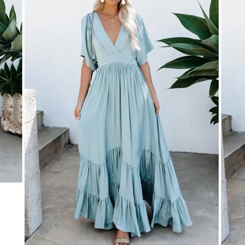 Light Blue Maxi Dress with V-Neck and Tiered Skirt